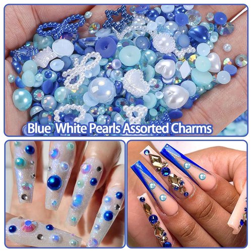 50g Blue Color Flatback Rhinestones Pearls for Bedazzling, 3-8mm Flatback Rhinestone Gems, 2-10mm Pearls Beads, Moon Star Heart Bowknots Pearl Nail Charms for Crafts DIY Clothes Tumblers