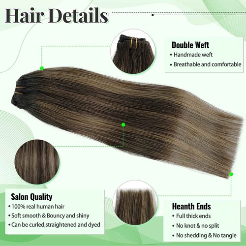 Clip in Hair Extensions Human Hair, 70g 5 Pieces Hair Extension Clips Balayage Dark Brown Fading to Ash Brown Mixed Dark Brown Hair Extensions Real Human Hair Clip ins for Women 20 Inch