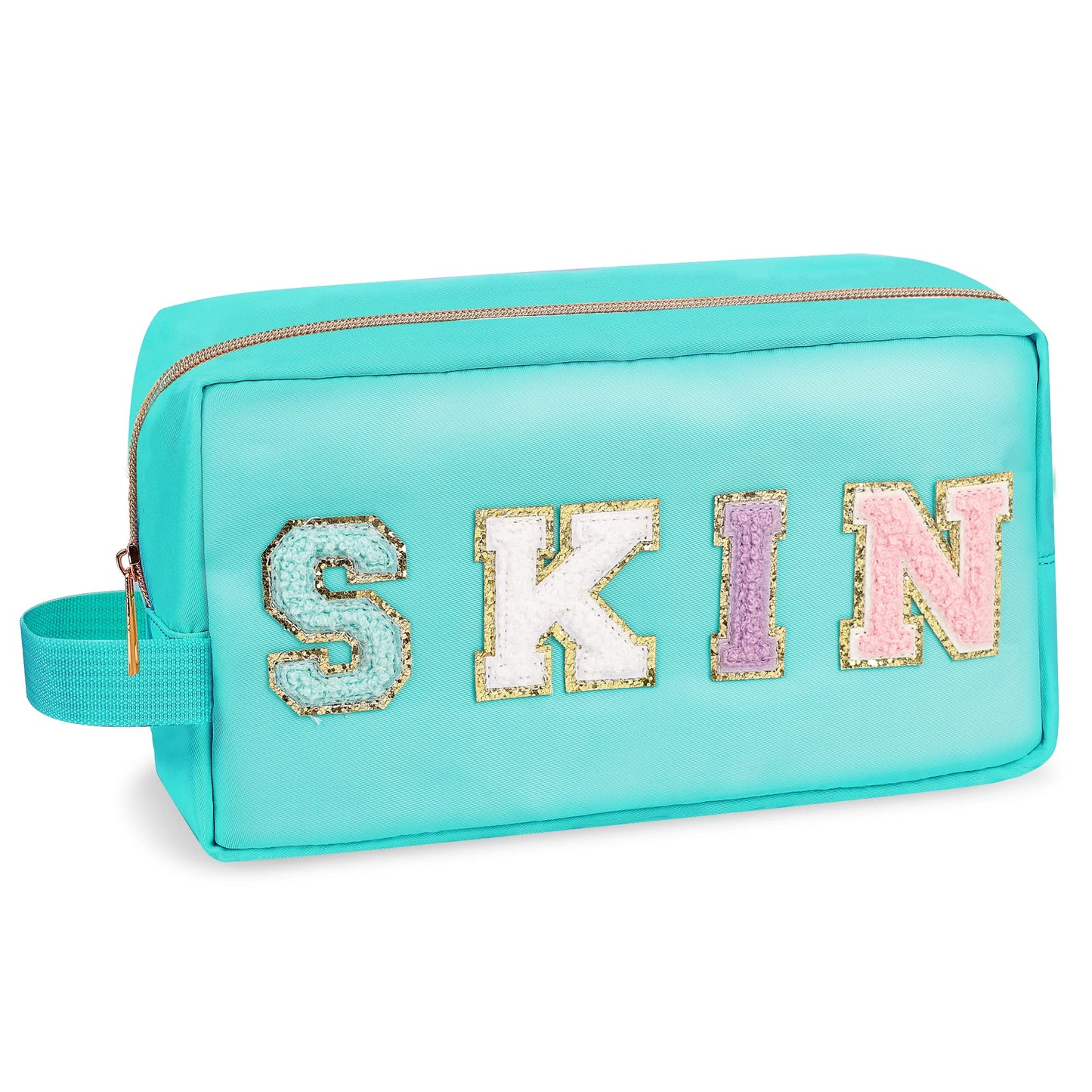 UIXIZQ Preppy Nylon Cosmetic Bag Skin Pouch for Women Girls, Portable Makeup Bag with Chenille Letter Patches, Zipper Pouch Storage Purse Waterproof Organizer for Travel(Green Skin)