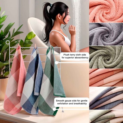 kimteny 6 Pack 100% Cotton Washcloths, Dual-Sided Design (Terry + Gauze) Facecloths, 13x13 Inch Ginghqm Washrags, Soft & Skin-Friendly, for Bathroom, Kitchen & Household (Blue, 13x13 Inches)