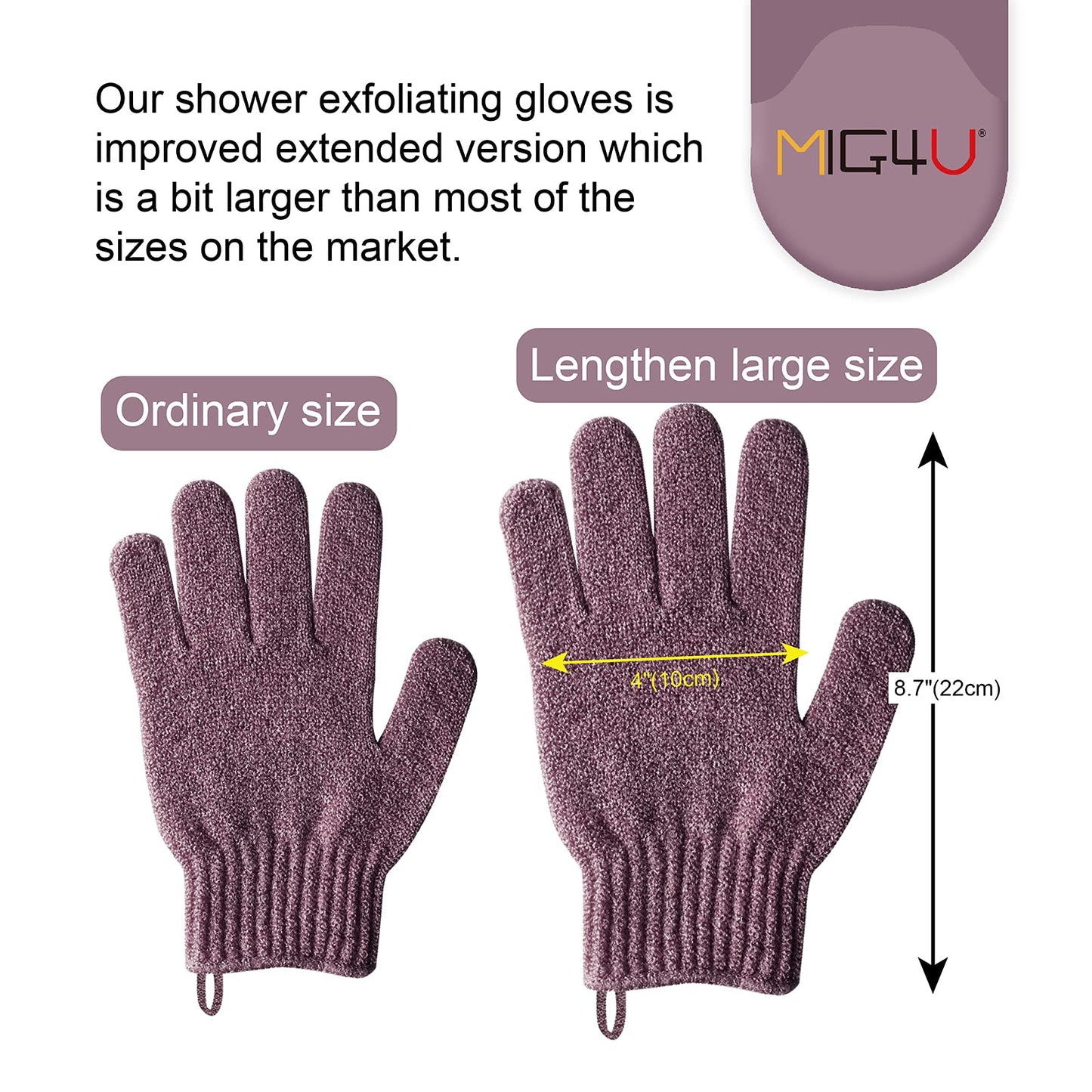 MIG4U Shower Exfoliating Scrub Gloves Medium to Heavy Bathing Gloves Body Wash Dead Skin Removal Deep Cleansing Sponge Loofah for Women and Men (1 Pair, Purple-brown)