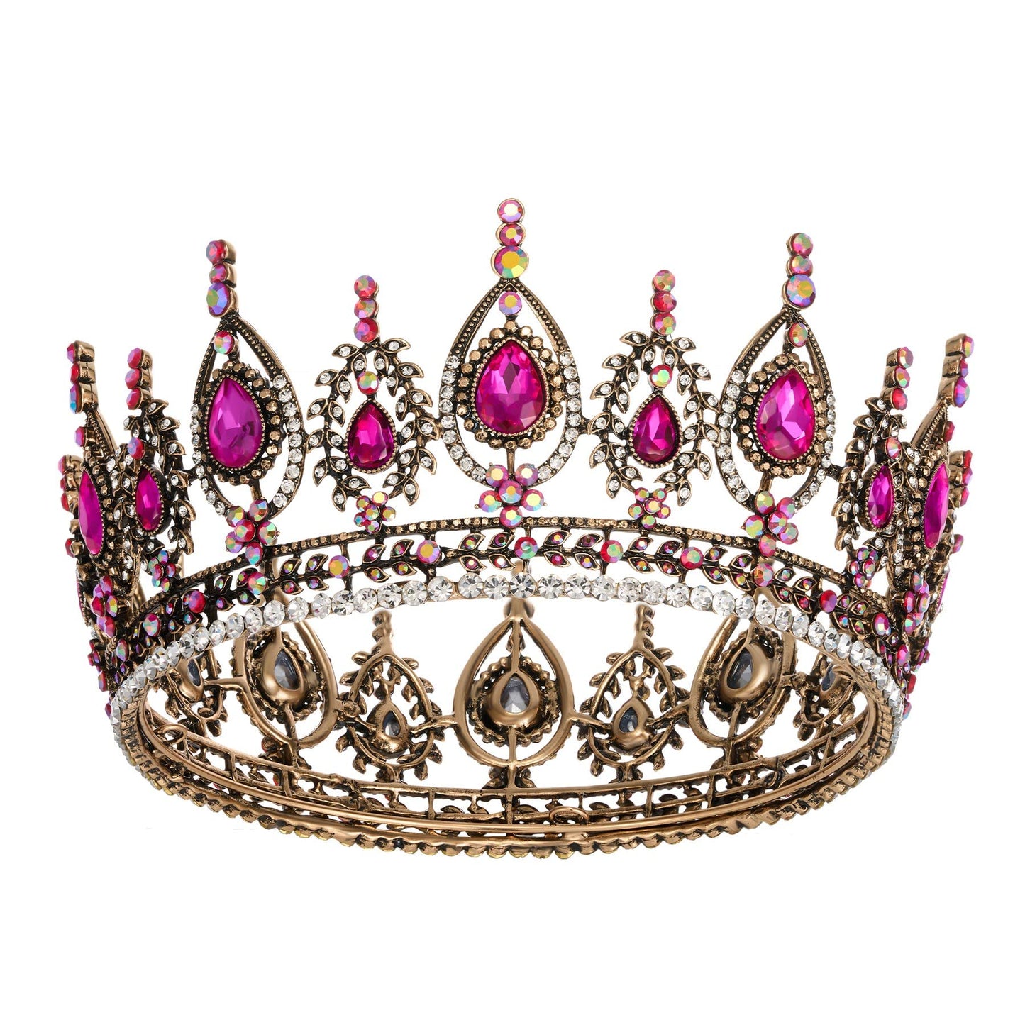 SWEETV Royal Queen Crown, Wedding Tiara for Bride, Rhinestone Tiaras and Crowns for Women, Old Gold Costume Headpiece for Birthday Cosplay Party Celebration, Hot Pink