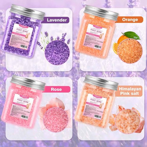XIWEIOO 4 Pack Foot Soak Salts Kit Himalayan Pink Salt Tea Tree Oil Lavender rose Pure Epsom Salt Soak Pedicure Salt Softens Calluses & Soothes Foot Care Gifts for Mom women