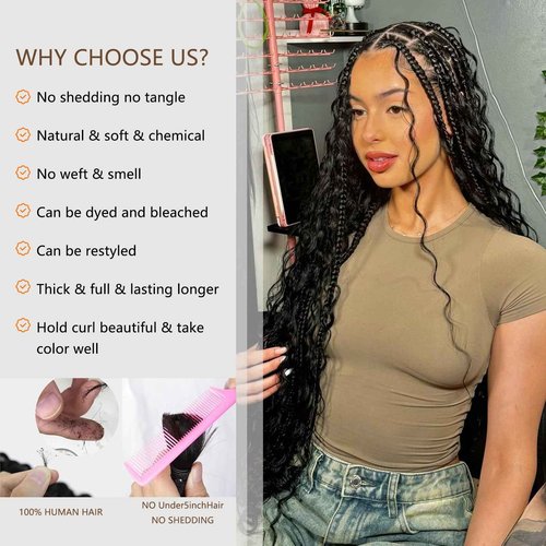 Human Braiding Hair for Boho Braids Deep Water Wave Crochet Hair Extensions Boho Hair for Braiding 12A 110g 2 Bundles/Pack Natural Color Pre-Stretched 16 Inch