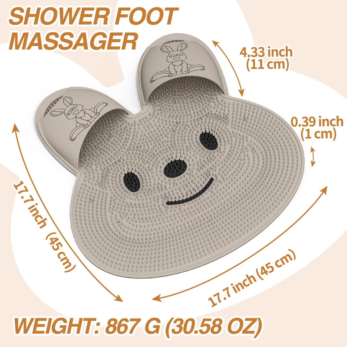 Manmihealth Upgrade Shower Foot Scrubber Mat with Non-Slip Suction Cups, Rabbit-Shaped Silicone Foot Scrubber in Shower for Men & Women (Khaki)