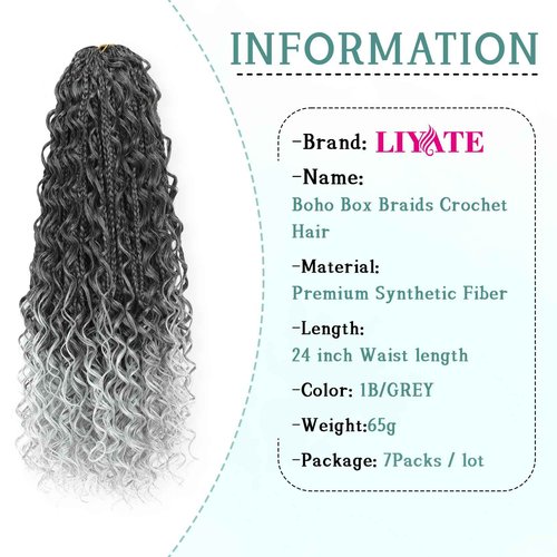 LIYATE 24 Inch Grey Crochet Hair for Women 7 Packs Goddess Box Braids Crochet Hair Pre Looped Synthetic Bohomian Crochet Braids with Curly Ends Braiding Hair Extensions, 1B/Gray