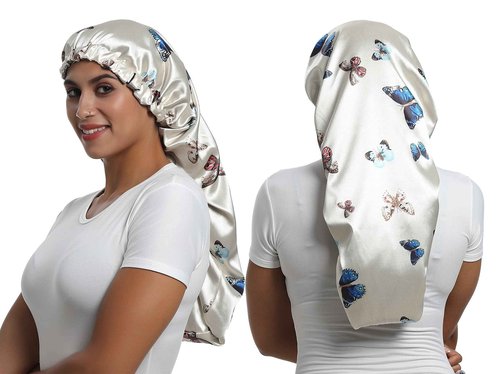 SAYMRE Satin Bonnet Silky Sleep Cap,Adjustable Hair Bonnet for Braids Curly Hair (Long Size, Long Butterfly)