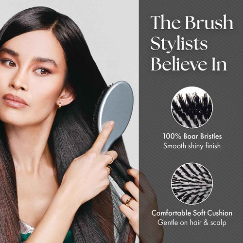 Olivia Garden Ceramic + Ion Supreme Styler Cushion Paddle Brush - Boar & Ionic for Shine, Frizz Control & Smoother Hair - 100% Boar Bristles - Silver