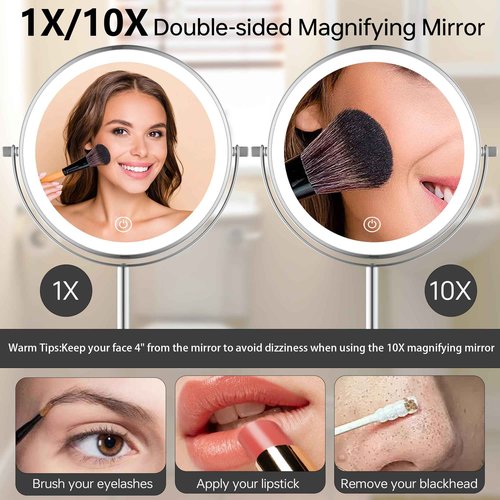 LANSI 8" Lighted Makeup Mirror with 3 Color Lights and 1X 10X Magnification, Magnifying Vanity Mirror with Jewelry Holder and Storage Base, Dimmable,Touch Control, Chrome