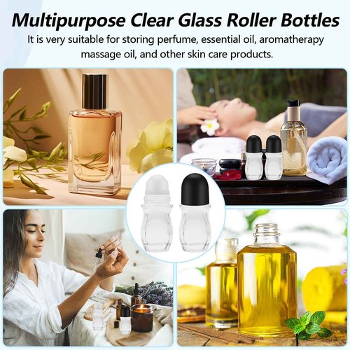 Yasdyri Empty Glass Roller Bottles 2 Pcs Black Clear Empty Glass Essential Oil Roller Bottles Empty Refillable Roll on Glass Bottles with Refillable Containers Tools and Accessories (30ML)