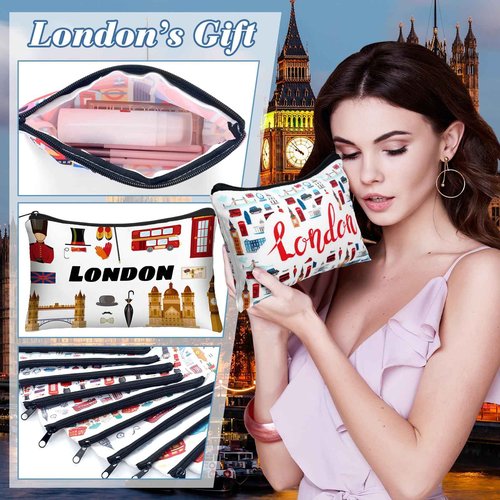 Reginary 12 Pack Cosmetic Bag Travel Souvenirs Gift Makeup Bag Lover Gifts Friendship Family Toiletry Storage for Women Vacation Traveller Trip(London)