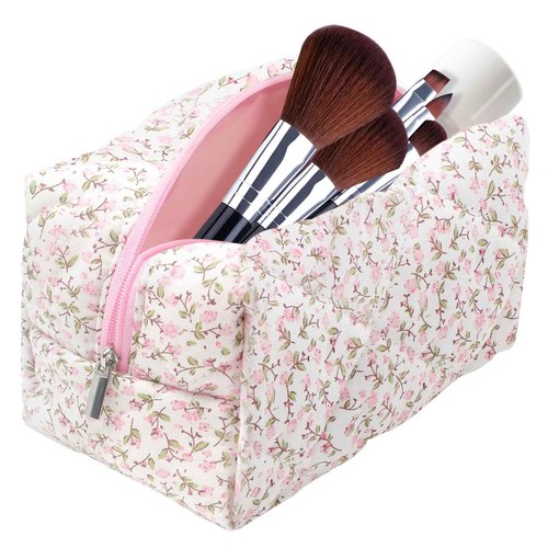 dark swan Cotton Quilted Makeup Bag, Cute Pouch Toiletry Bag Cosmetic Bag Quilted Floral Organizer Bag Travel Coquette Aesthetic Portable Storage Zipper Purse for Women (Pink)