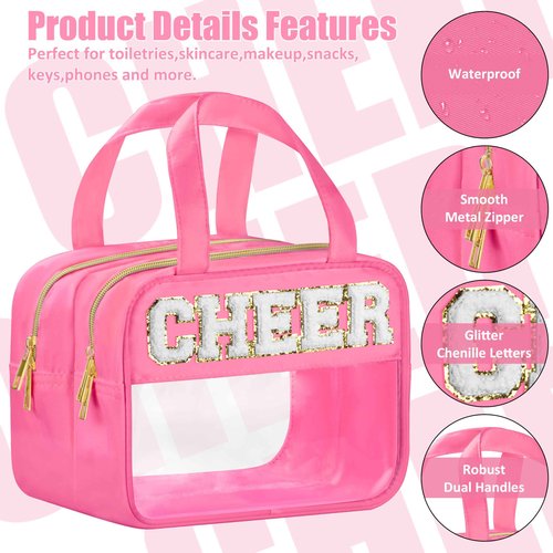 BuyCard Cheer Chenille Letter Bags Clear Makeup Bag for Travel, Cheerleader Gifts Cosmetic Bag with Handles and Zipper, Nylon & PVC Waterproof Large Cheer Accessories Toiletry Bag for Women