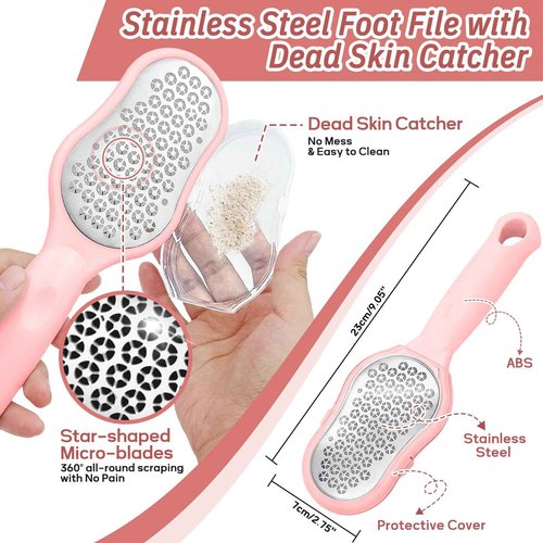 GEENOA New Foot Brush & Foot Files Set(3PCS), 3-in-1 Foot Scrubber with Long Handle, 10.2’’-27.5’’Adjustable Foot Scrub Brush and 2 Upgrade Foot File Callus Remover, Gift-Box Packed(Pink+2*Foot File)