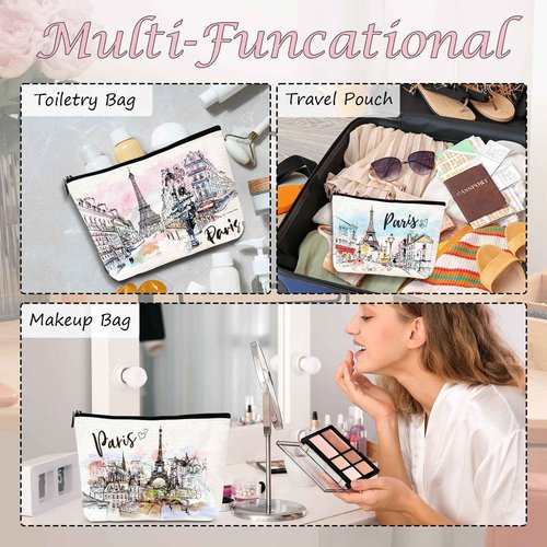 Luvsweets Paris Gifts Travel Essentials - 4Pcs Eiffel Tower Makeup Bag, France Paris City Watercolor Cosmetic Bags with Zipper Pouch, Weekend Vacation Trip Gifts for Travellers Women Girls
