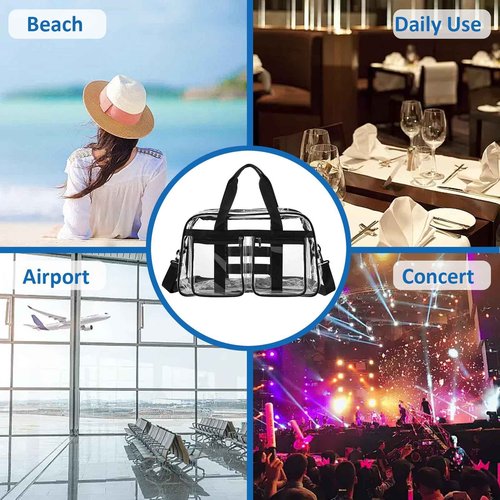 Enkrio Large Clear Tote Bag Clear Duffle Toiletry Bag with Zipper Transparent See Through Bag for Work Sports Gym Beach (Black)