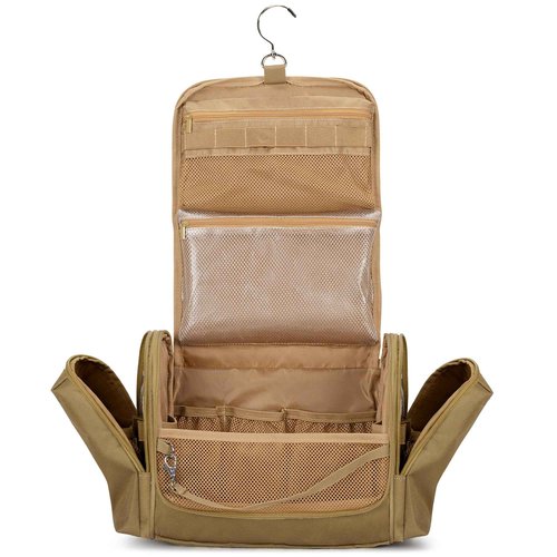 Prokva Tactical Toiletry Travel Bag for Men, Hanging Dopp Kit Hygiene Bag Shower Organizer with Hook for Toiletries and Shaving Care, Khaki (Empty Bag)