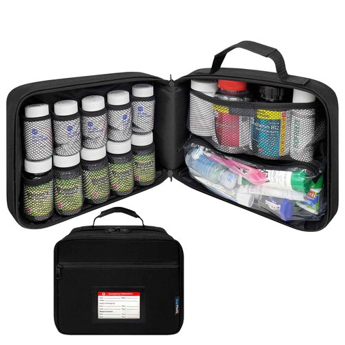 StarPlus2 Large Padded Pill Bottle Organizer with Emergency Card, Medicine Bag, Case, Carrier for Medications, Vitamins, and Medical Supplies - Travel Medicine Organizer, Home Storage Med Bag - Black