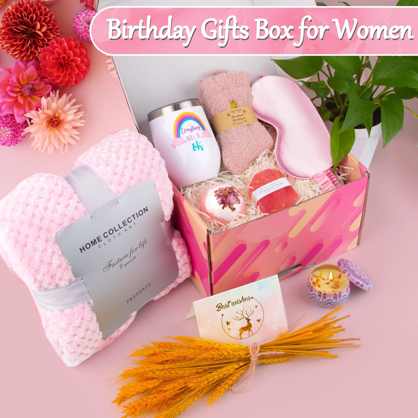 LUYITOM Pink Gift Box for Women Birthday Bath Relax Spa Basket for Mom Wife, Get Well Soon Gifts Baskets Ideas for Women on Mother’s Day Birthday