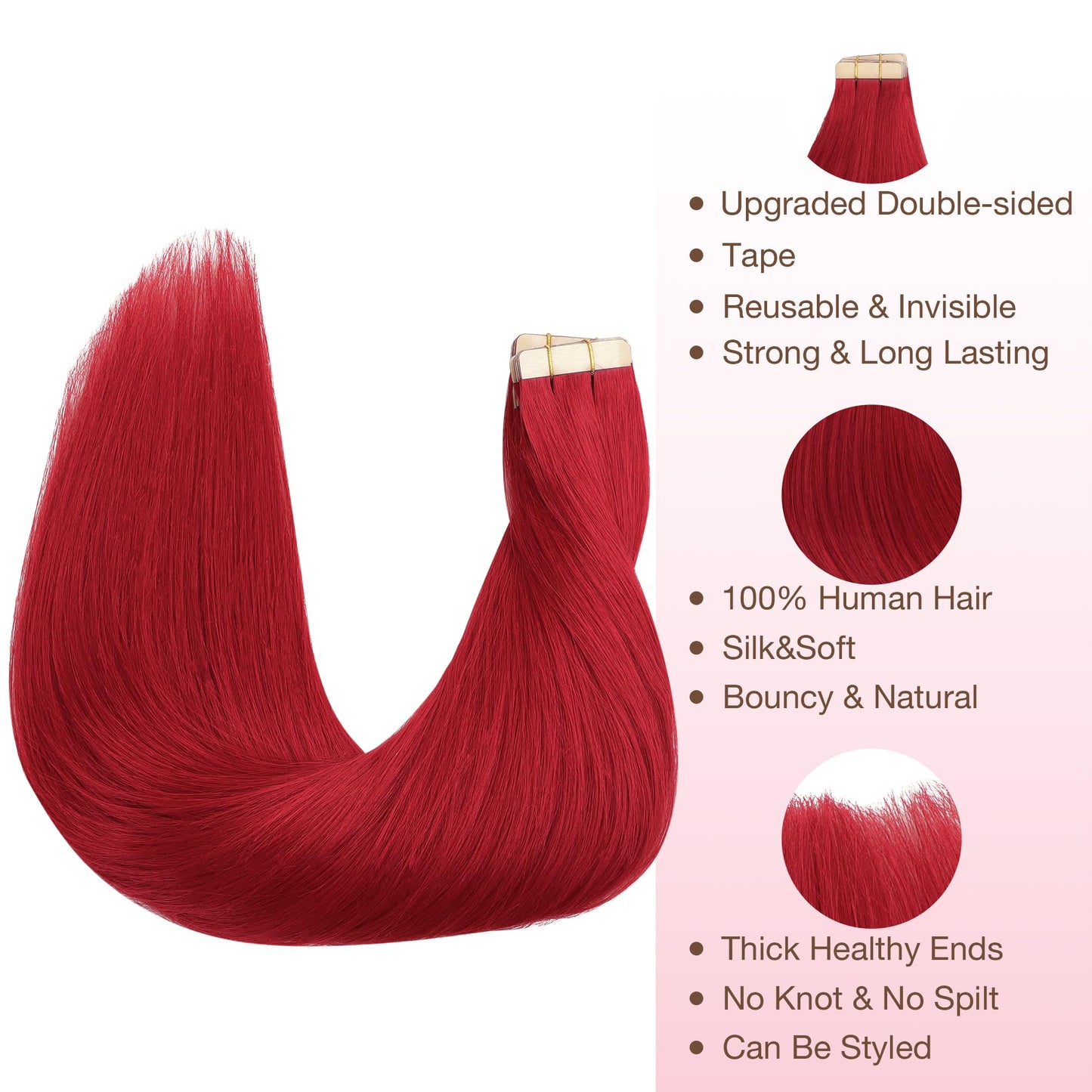 GOO GOO Tape in Hair Extensions Human Hair, Red, 18inch 25g 10pcs, Colored Tape ins Human Hair Extensions, Silky&Soft Invisible Tape Ins, Hair Highlighted for Party