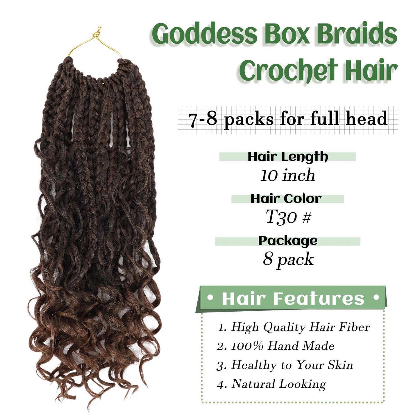 Goddess Box Braids Crochet Hair 10 Inch 8 Packs Pre-looped Bohemian Crochet Boho Box Braids With Curly Ends 3X Crochet Braids Hair for Women Synthetic Braiding Hair (10 inch, T30)