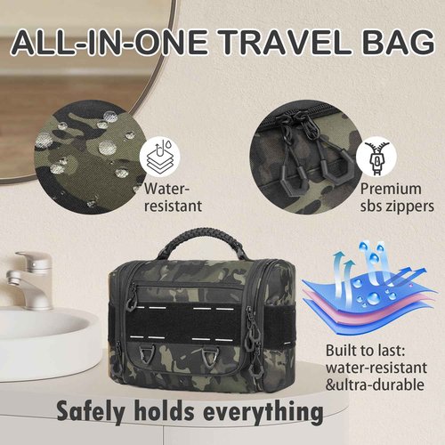 BISKLNDN Toiletry Bag for Men - Tactical Hanging Toiletry Travel Bag Shower Bathroom Organizer for Cosmetics/Shaving/Traveling Toiletries Kit, Portable Case with Handle & Swivel Hook, Black CM