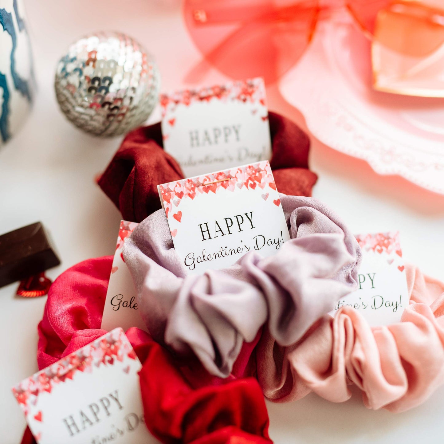 Galentine's Day Hair Scrunchies Party Favors, Unique Galentine Gift for Friends Girls Women, Supplies Decorations (Red Hearts - 5 Pack)