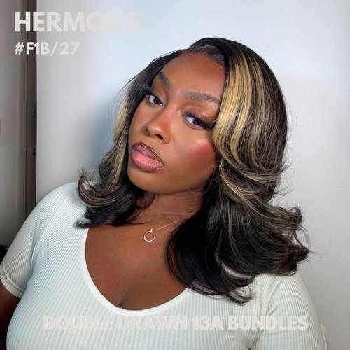 HERMOUS 13A Double Drawn FB/27 Human Hair Bundles Body Wave Blonde Highlight Color, Honey Blonde with Black Single Bundle Human Hair 100% Unprocessed Hair Colored Single Bundle Wavy Sew In 10 Inch