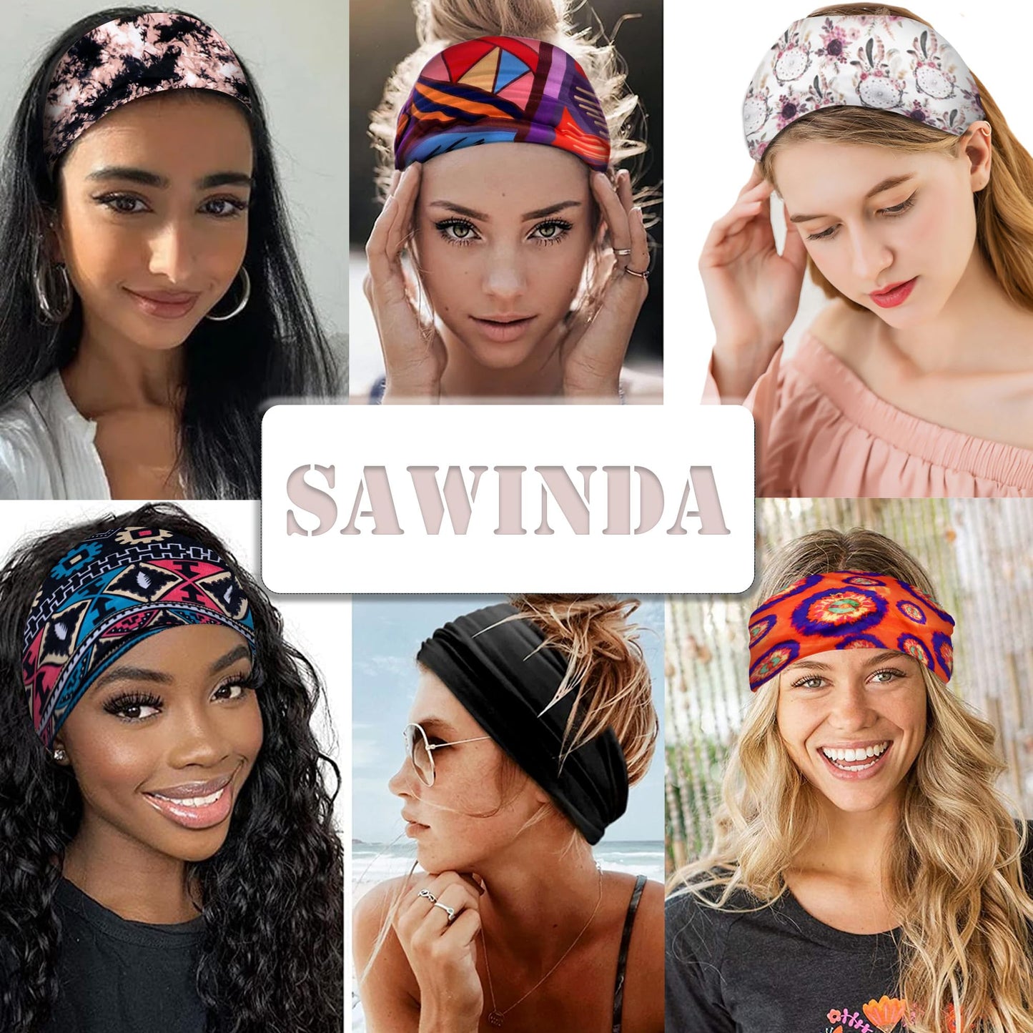 SAWINDA Boho Headbands for Women Wide Non Slip Stretch Knotted Headband Yoga Gym Accessories Spa Makeup Hair bands Head Scarf Bandanas for Girls 4 Pack