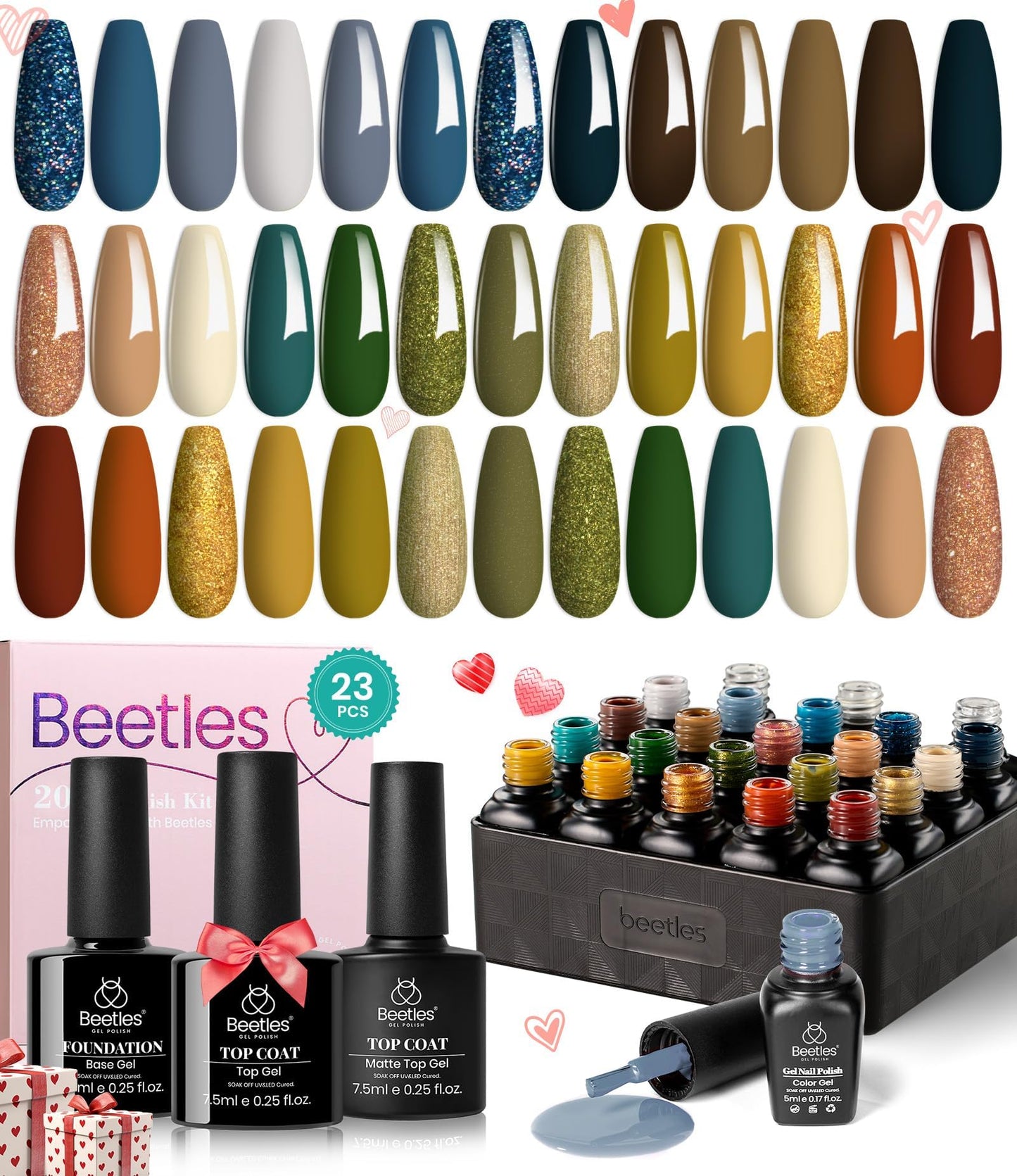 Beetles 23Pcs Gel Nail Polish Kit Green Blue Orange Fall Gel Nail Polish Set with Base Gel Top Coat Soak off UV DIY Home Manicure Kit Gifts for Women Girls