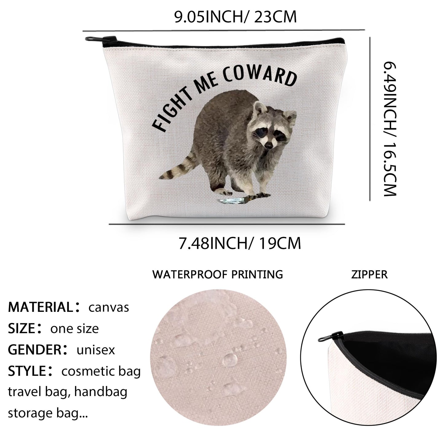 XYANFA Raccoon Cosmetic Bag Raccoon Gift For Raccoon Lover Fight Me Coward Raccoon Themed Zipper Pouch (FIGHT ME COWARD)