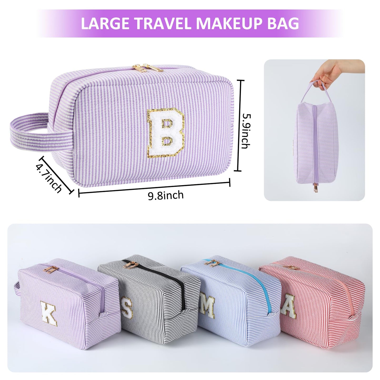 Huifen Personalized Initial Makeup Bag A-Z, Travel Toiletry Bag Monogram Make Up Bags Preppy Cosmetic Bag Cute Makeup Pouch Birthday Graduation Gifts Bags for Women Teen Girls Friends (Purple, F)