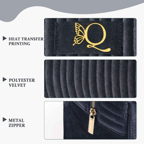 COSHAYSOO Travel Makeup Bag Quilted Make Up Pouch Initial Velvet Cosmetic Case with Butterfly Decorations for Women Cosmetics Complexion Skincare Products Tools Accessories Organizer Black Letter Q