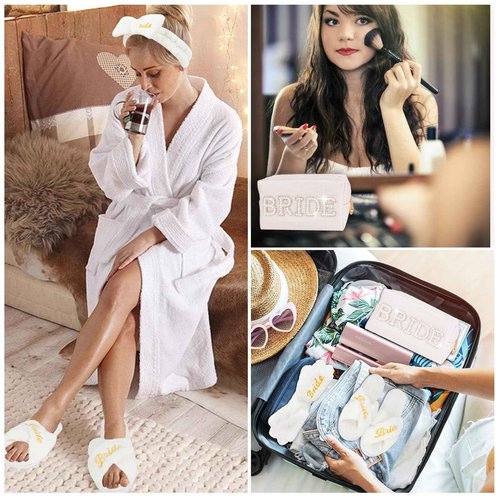 CIEHER Bride To Be Gift Set - Bride Spa Headband & Slippers, Makeup Bag, Bridal Gifts for Bachelorette Party Favors Bridal Shower Wedding Day