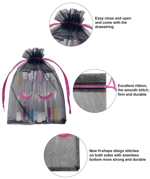 Jexila 100 Pack Lash Bags for Clients Eyelash Aftercare Black Mesh Bags Drawstring 5''X7'' Small Cosmetic Makeup Beauty Gift Bag for Women Supplies (5 x 7 Inch, Black Plus Rose)