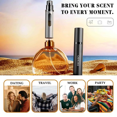 DIOHIO 8ml Perfume Atomizer Travel Refillable,Mini Cologne Dispenser, Bottom-Filling Fragrances Perfumes Bottle,Portable Sprayer Pocket Size for Women Men Cruise Car Trip Gift 2pcs (Black-Grey)
