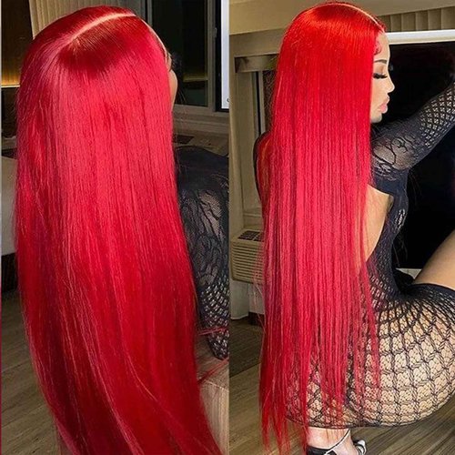 TaBeWay Red Colot Straight Synthetic 13x4 T-part Wigs with Baby Hair Glueless Pre-plucked Natural Hairline Synthetic Lace Front Wigs for Women 32inch