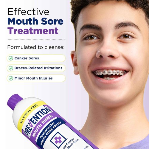 Prevention Mouth Sore Mouth Rinse, Canker Sore Treatment, Oral Pain Relief Mouthwash for Ulcers and Sores, Braces, with Hydrogen Peroxide, Alcohol-Free, Fluoride Free, 16 oz, Soothing Mint, 2 Pack