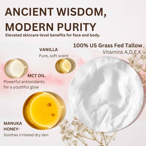 Whipped Organic Grass-Fed Beef Tallow for Skin - 100% Pure, Non-Greasy, Natural Beef Tallow Moisturizer for Face and Body. Honey Beef Tallow Balm – Soothes Sensitive Skin, Absorbs Quickly