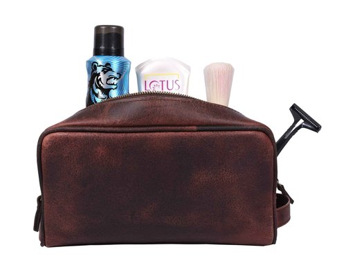 Aaron Leather Goods Leather Toiletry Bag for Men and Women Brown 10.5 Inch (Walnut)
