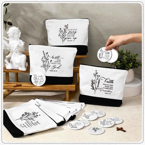 Kacctyen 20 Pcs Christian Gift for Women Bulk 10 Inspirational Religious Canvas Makeup Bag 10 Mini Christian Compact Mirrors Religious Gifts for Pastor Church Christmas Thanksgiving Gifts(Aesthetic)