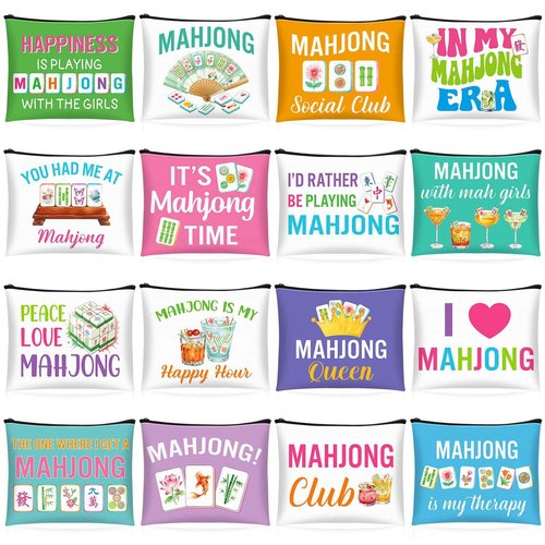 SilTriangle 16 Pcs Mahjong Cosmetic Bag Gifts for Women Mahjong Makeup Bag Mah Jong Zippered Pouch for Lover Player Friend Mom Grandma Lucky Birthday Christmas New Year Gift (Novel Styles)