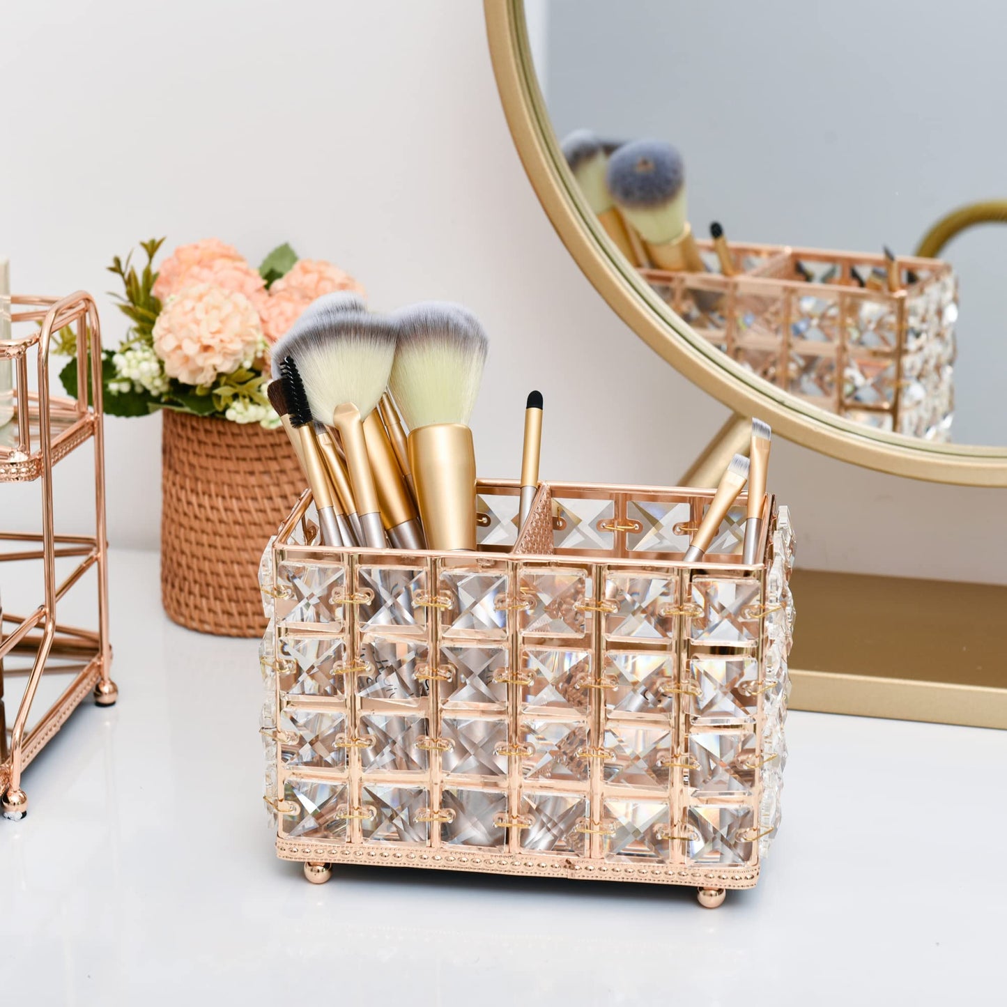 Feyarl Crystal Makeup Brush Holder Bling Sparkly Handcrafted Comb Brush Pen Pencil Holder Pot Cup Storage Cosmetic Tools Organizer Container Gorgeous Decor for Dresser Table Office (Gold)