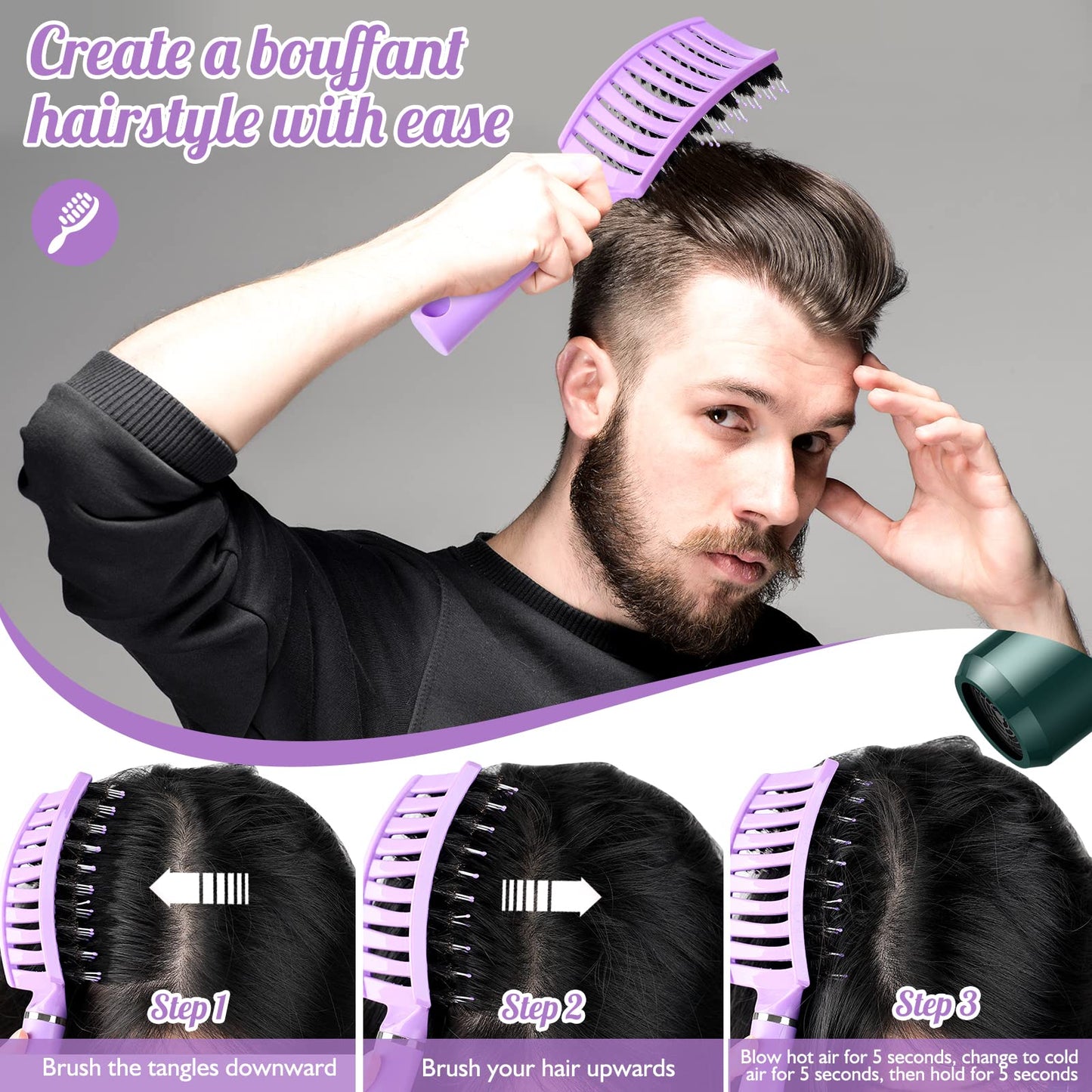 Hair Brush,URTHEONE Detangling Hairbrush Boar Bristle Curved Vented Hair Brush for Women Men Kids Curly Thick Long Short Wet or Dry Hair, Faster Blow Drying (2Pack, Pink&Purple)