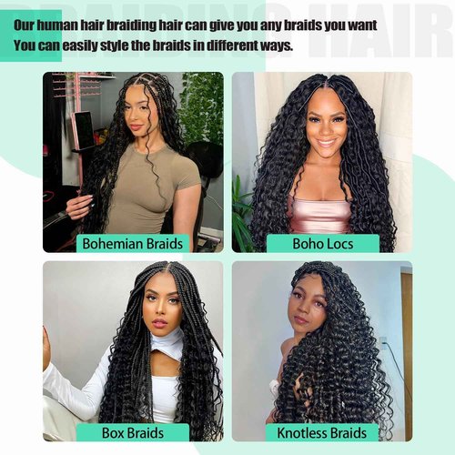 MUXFILLA 18 Inch Human Boho Braiding Hair, Deep Wave Bulk Hair Extension 100g Knotless No Weft 100% Virgin Hair 3 Bundles/Pack, Natural Black
