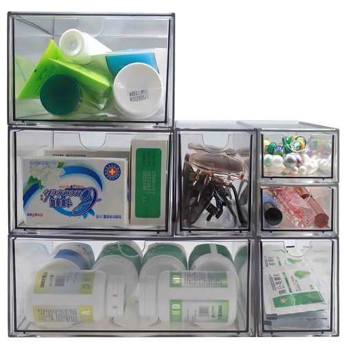 MINIBIGBOX 7 Pack Stackable Storage Drawers Acrylic Bathroom Makeup Organizer Clear Plastic Storage Bins for Makeup,Vanity,Pantry,Desk,Undersink,Kitchen