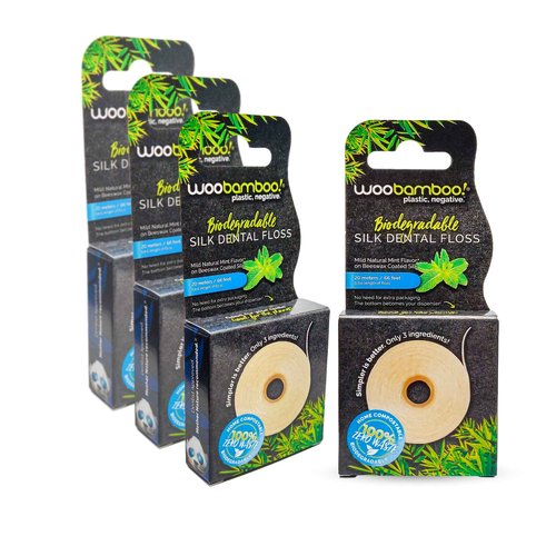 WooBamboo! All Natural Silk Dental Floss, Zero Waste, 66 feet of Mint-Flavored Floss, Biodegradable (Pack of 4)