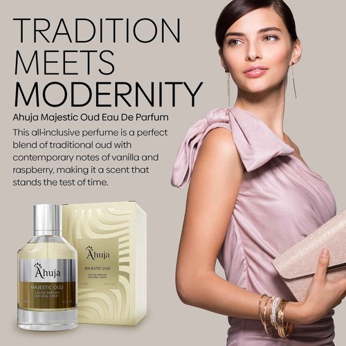 AHUJA Majestic Oud Eau De Parfum For Men & Women 3.4 fl oz, Long Lasting Luxury Fragrance for Him and Her, Unisex Perfume Enduring Nature Scents - Oud, Vanilla, Raspberry, Rose, Peony, Wood, Patchouli