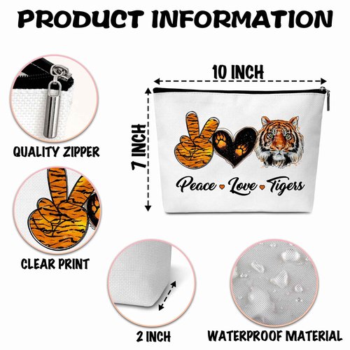 ONDTOM Tiger Print Makeup Bag, Animal Lover Gifts for Kids Women Friends, Peace Love Tigers Cosmetic Pouch, Tiger Gifts -B05