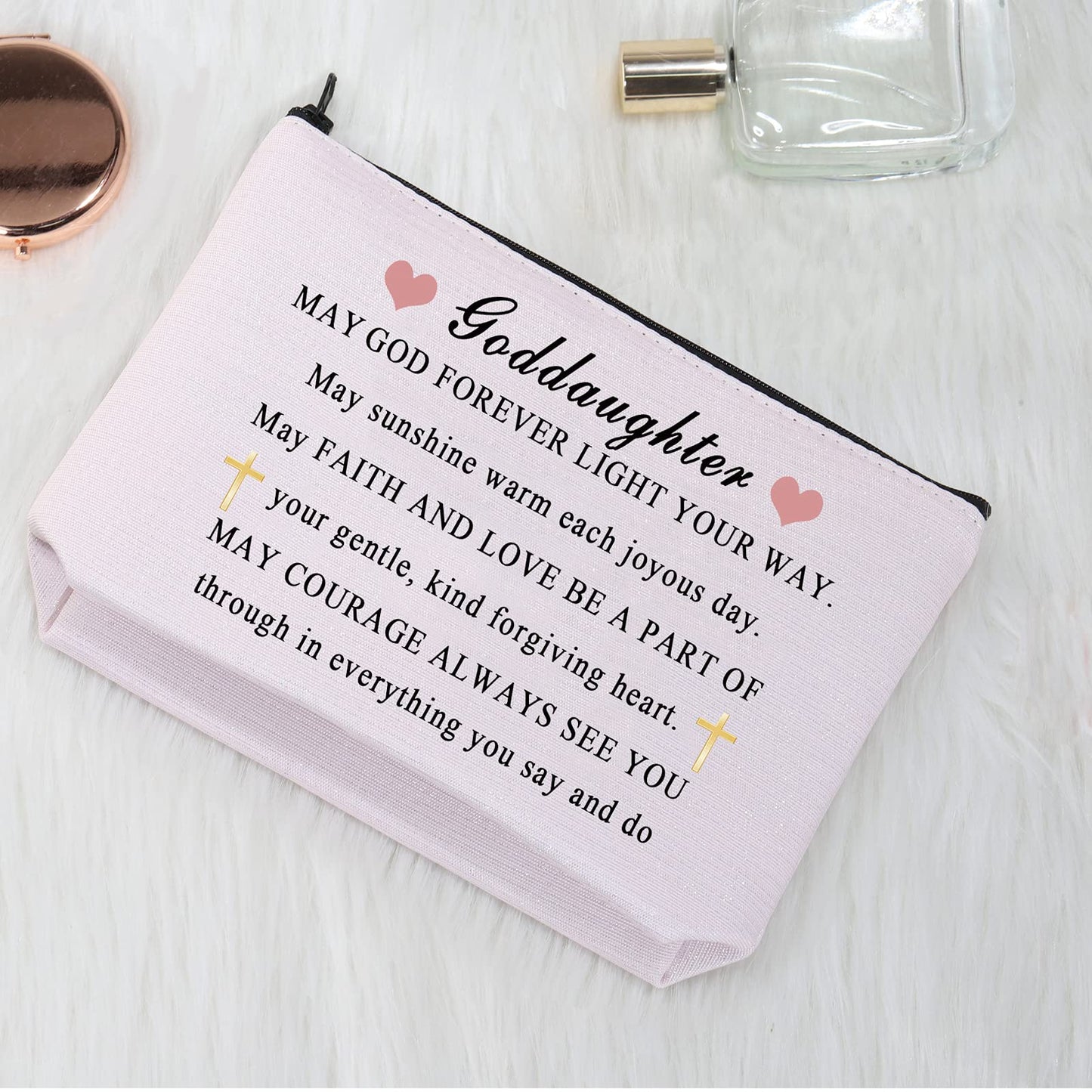 CMNIM Goddaughter Gifts Makeup Bag Goddaughter Religious Gifts Goddaughter Cosmetic Bag Zipper Pouch May God Forever Light Your Way (Goddaughter Makeup Bag Pink)